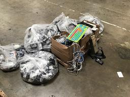 Pallet of electrical wires, kids keyboard, Computer chargers