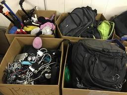 12 boxes of backpacks,clothes,purses,tools,electronics, Phone chargers and plugs,canes,