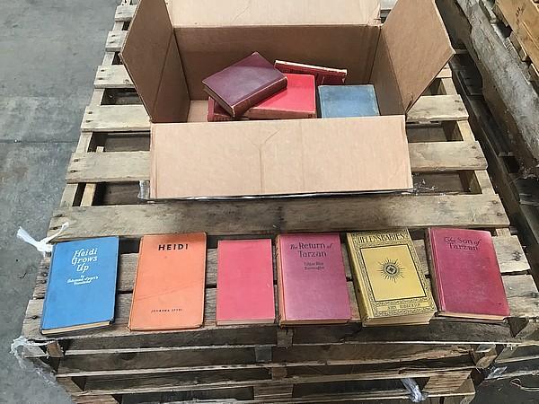 Box of vintage one hundred year old books The son of Tarzan, helens babies, Adam bede