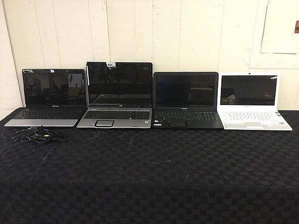 4 laptops GATEWAY, HP, TOSHIBA, SONY possibly locked, no charger Hard drive possibly remove, some da