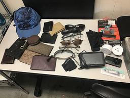 Hats, wallets, power bank, sunglasses, headphones