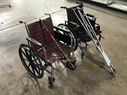 Two wheelchairs with crutches and cane