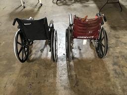 Two wheelchairs with crutches and cane