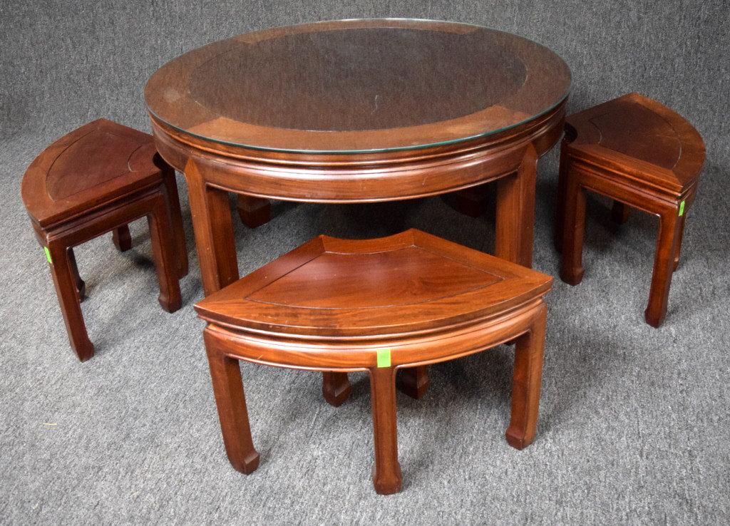 Oriental Carved Rosewood Table With 4 Stools