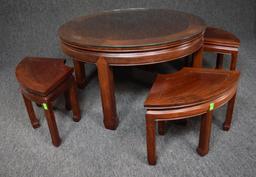 Oriental Carved Rosewood Table With 4 Stools