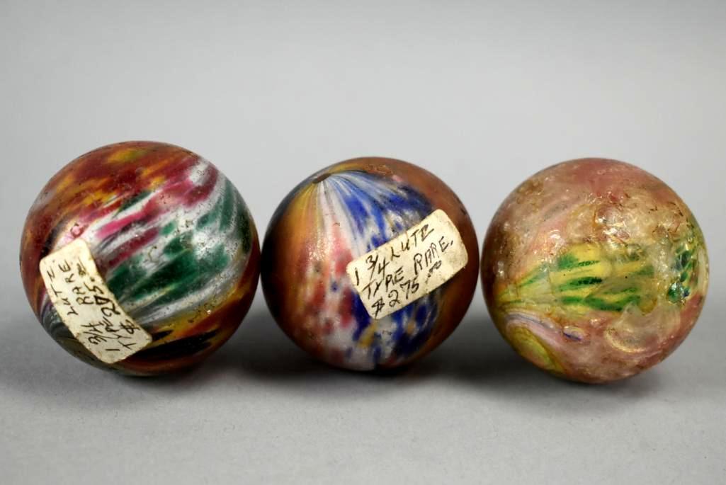 3 Antique 1.75in Lutz Glass Marbles