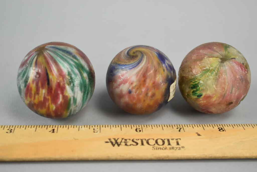 3 Antique 1.75in Lutz Glass Marbles