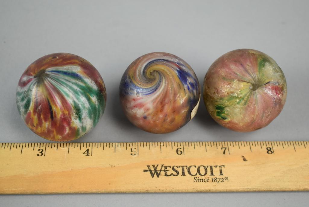 3 Antique 1.75in Lutz Glass Marbles