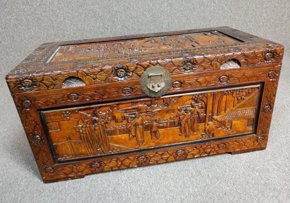 Large Hand-Carved Chinese Camphor Wood Chest