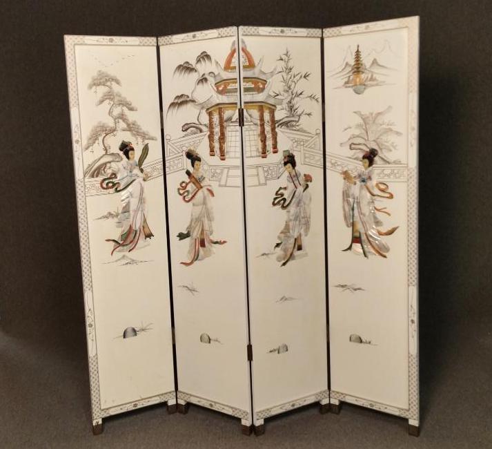 Oriental White Lacquer Carved Stone Room Divider