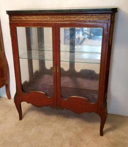 Ornate French Provincial Burl Walnut Marble Top China Cabinet Display Cabinet