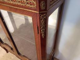 Ornate French Provincial Burl Walnut Marble Top China Cabinet Display Cabinet