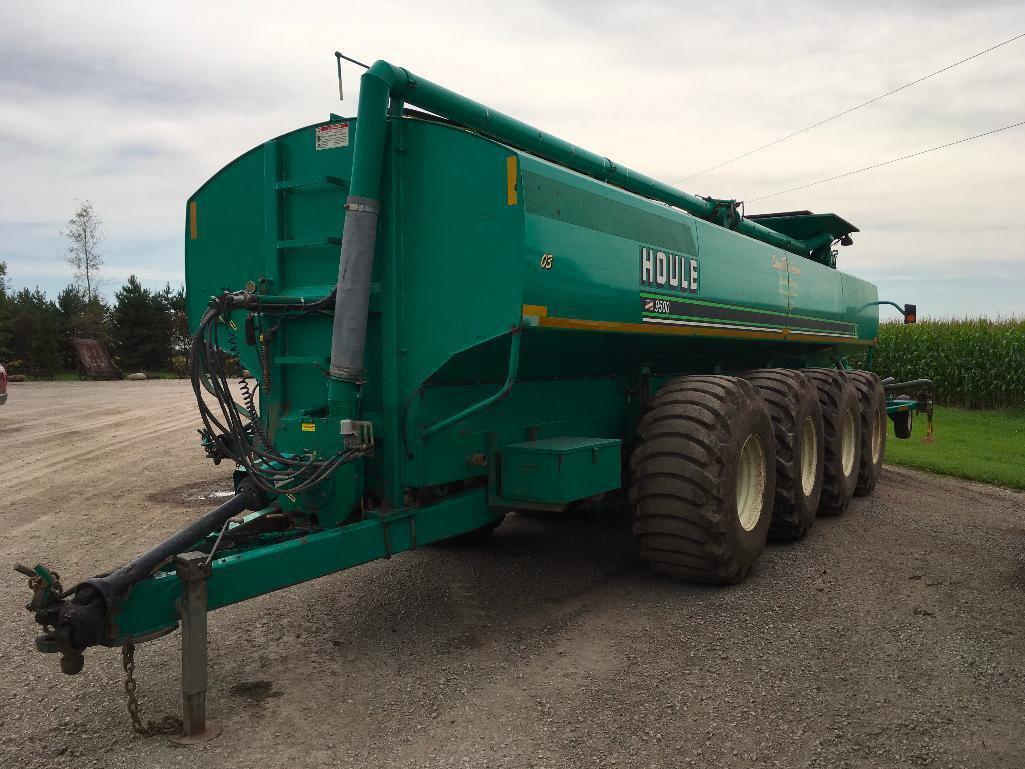 2004 Houle 9,500-gallon quad axle tanker spreader; rear discharge; PTO pump; 6-shank injector bar;