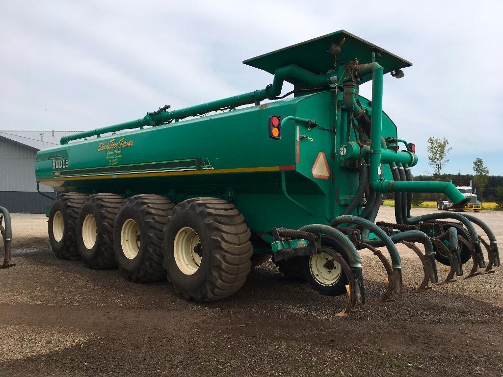 2003 Houle 9,500-gallon quad axle tanker spreader; rear discharge; PTO pump; 6-shank injector bar;