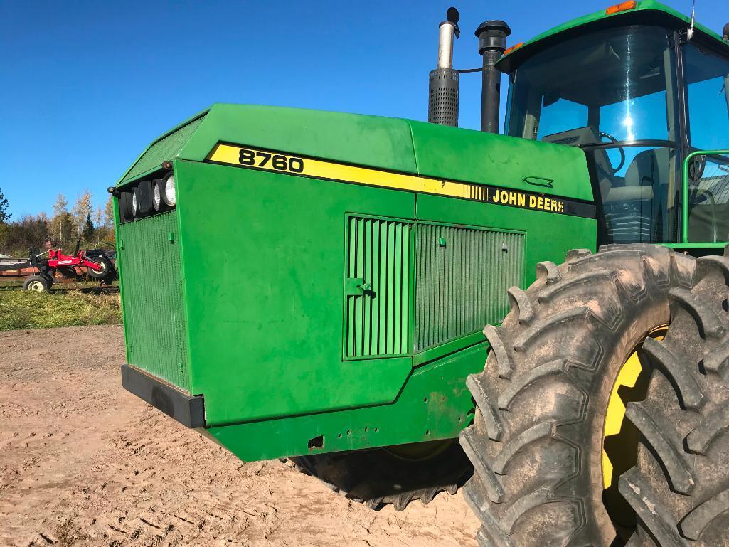 1991 John Deere 8760 tractor; CHA; 4x4; 24-speed trans; 520/85R42 axle duals; bareback; 8,407 hours;