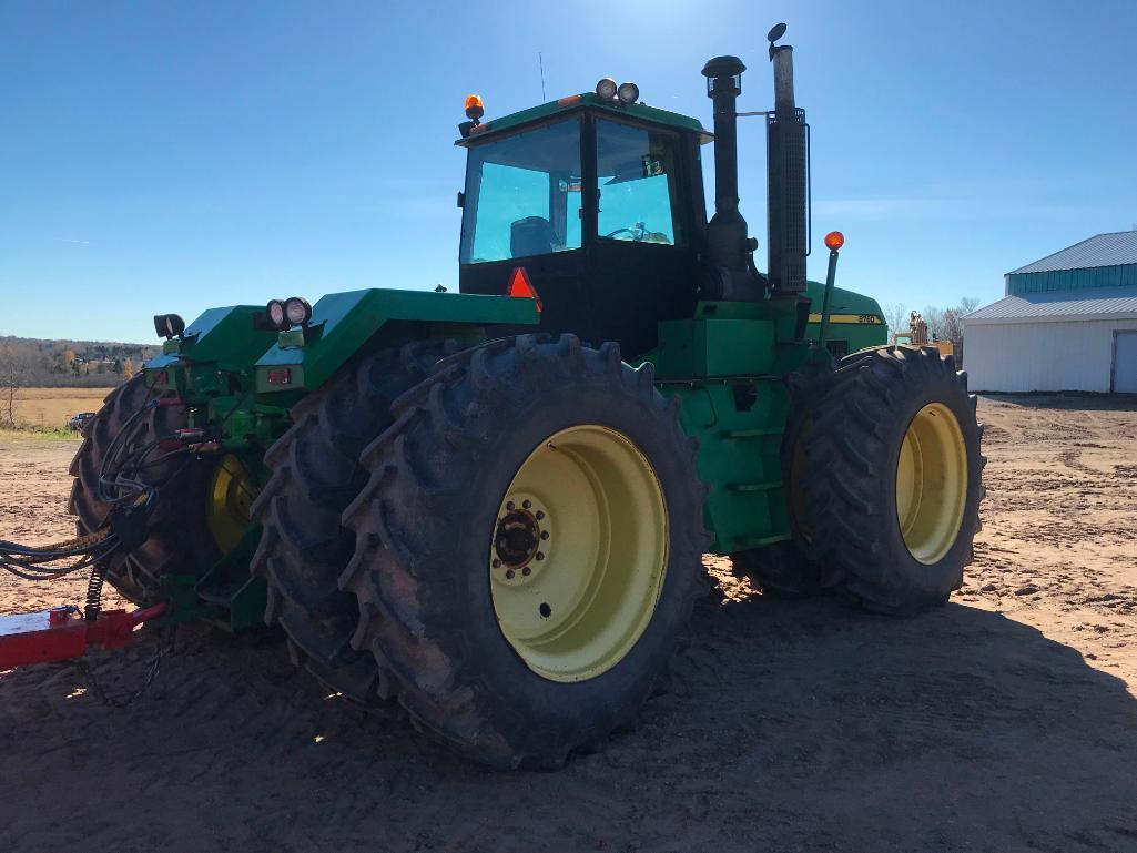 1991 John Deere 8760 tractor; CHA; 4x4; 24-speed trans; 520/85R42 axle duals; bareback; 8,407 hours;