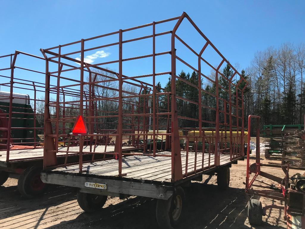 Meyers 9ft x 18ft steel bale thrower rack on John Deere 8-ton wagon w/ float tires & adj tongue; s/n