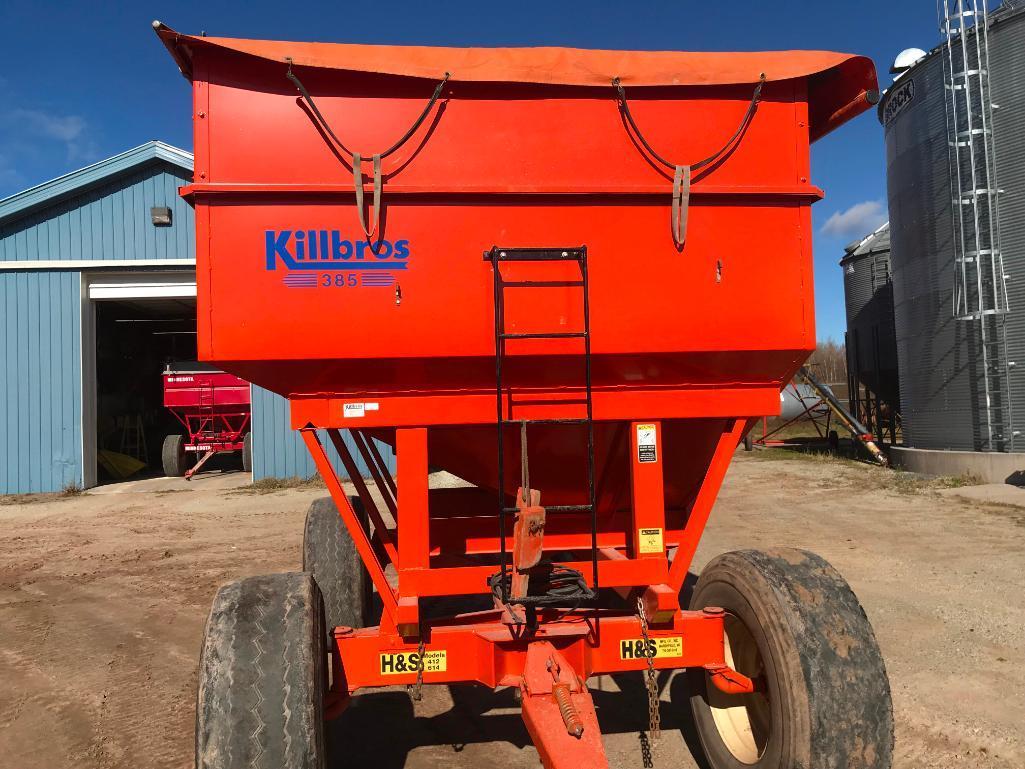 Killbros 385 gravity box on H&S 412 12-ton wagon; side extensions; tarp; light kit; s/n D21100157.