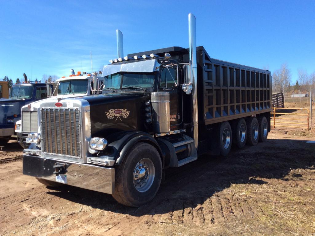 (TITLE) 2002 Peterbilt 357 quad axle dump truck; Cat C-16 engine; 18-spd trans; full lockers; 21