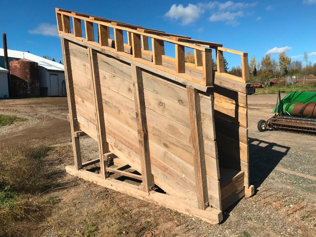 Wood custom built cattle loading chute; 30in wide x 11ft long x 50in high.