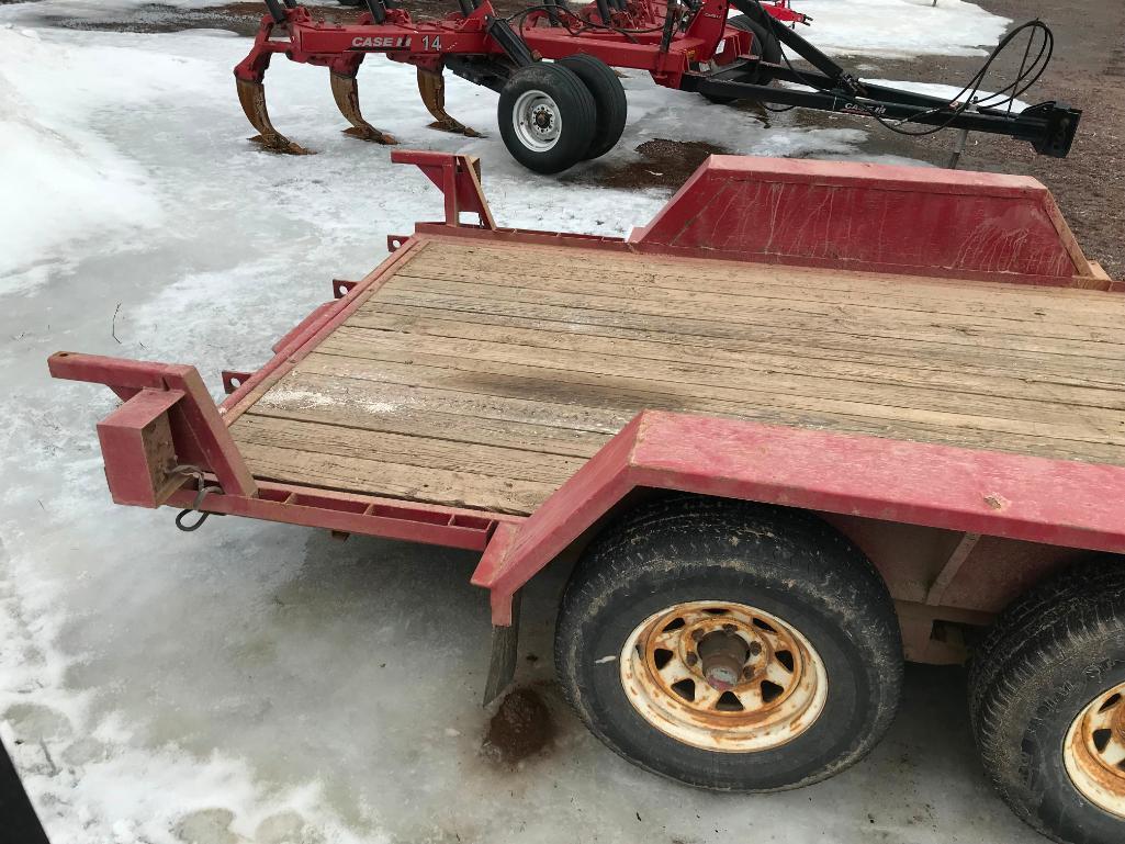 (TITLE) 1999 H&S 82in x 16ft tandem axle flatbed trailer; ball hitch; ramps.