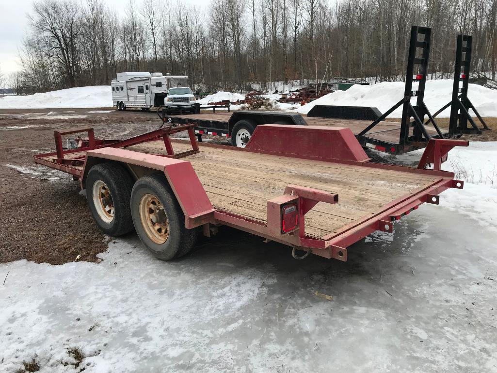 (TITLE) 1999 H&S 82in x 16ft tandem axle flatbed trailer; ball hitch; ramps.