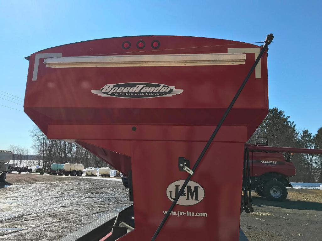 2014 J&M 375 ST seed tender wagon; tri-axle carrier; tube conveyor discharge; Honda GX340 gas power