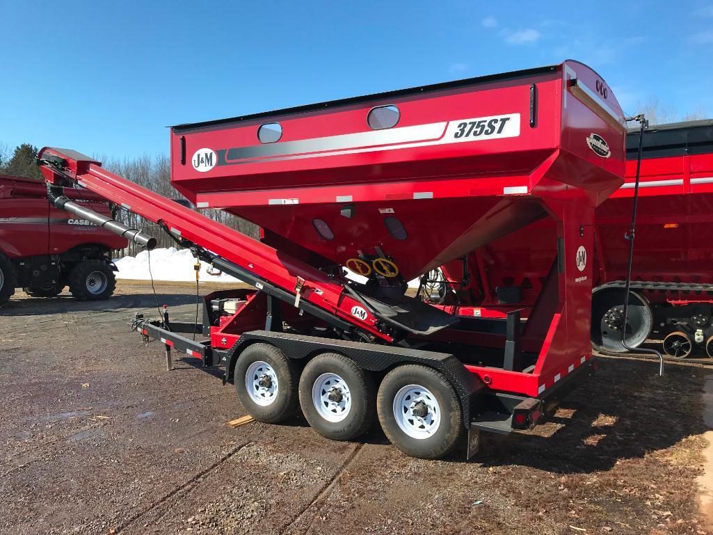 2014 J&M 375 ST seed tender wagon; tri-axle carrier; tube conveyor discharge; Honda GX340 gas power