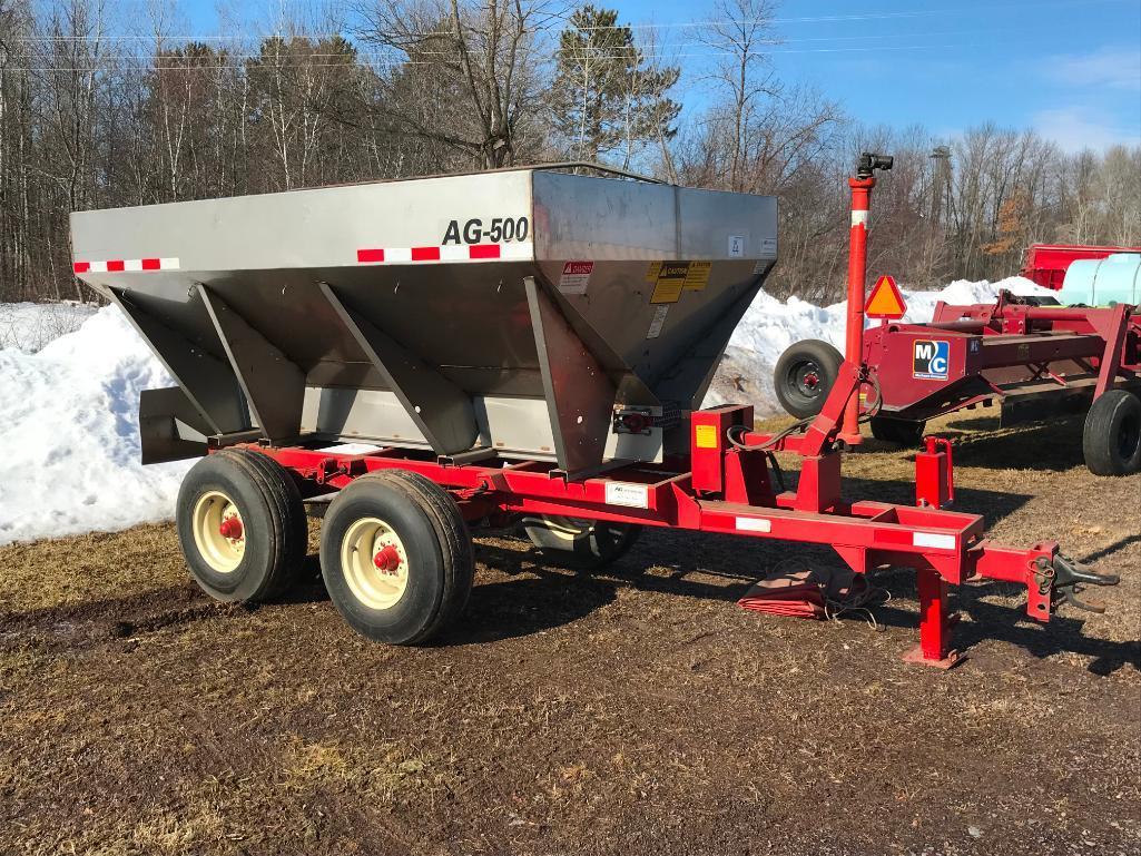 2003 AG Systems AG-500 stainless steel fertilizer spreader wagon; tandem axle; single spinner;