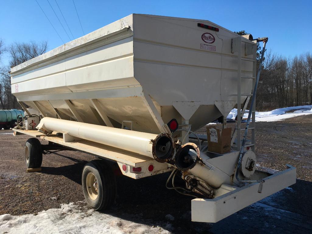 Ray-Man Field Charger 3-hopper truck mount fertilizer tender; hyd unloading auger. (Running gear