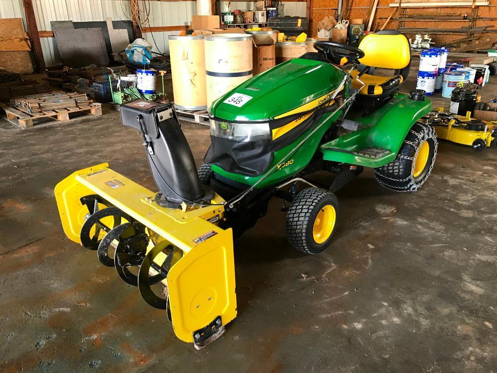 2016 John Deere X380 lawn tractor; 22 hp. gas engine; hydro; 44in front mount snow blower; 48in