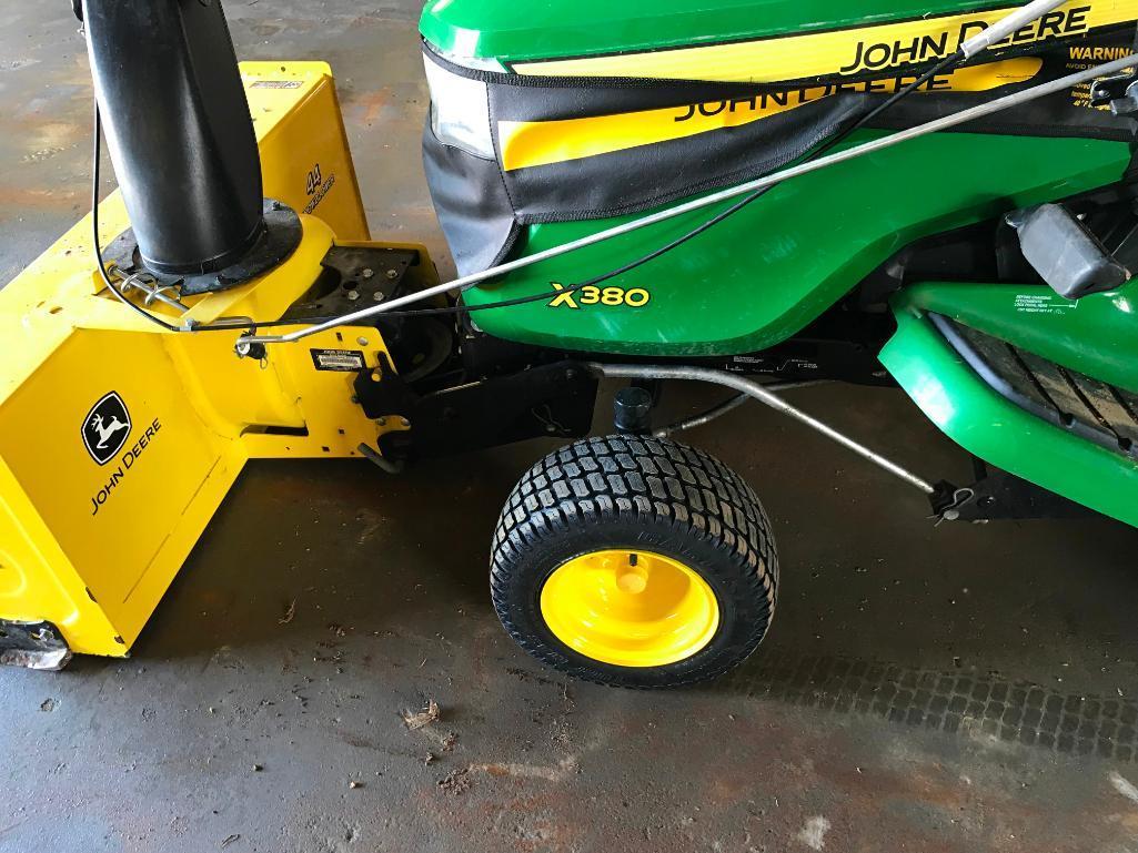 2016 John Deere X380 lawn tractor; 22 hp. gas engine; hydro; 44in front mount snow blower; 48in