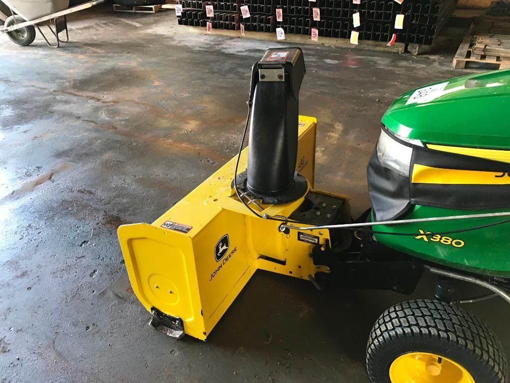 2016 John Deere X380 lawn tractor; 22 hp. gas engine; hydro; 44in front mount snow blower; 48in