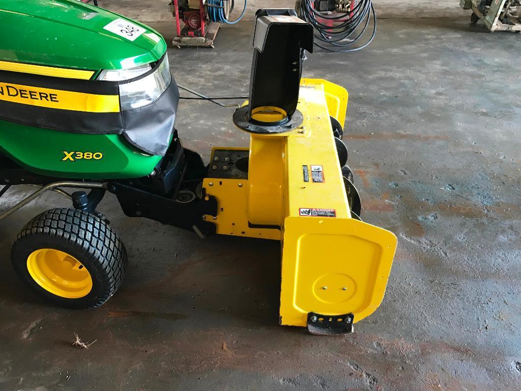 2016 John Deere X380 lawn tractor; 22 hp. gas engine; hydro; 44in front mount snow blower; 48in