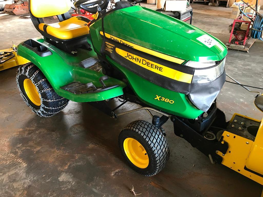 2016 John Deere X380 lawn tractor; 22 hp. gas engine; hydro; 44in front mount snow blower; 48in