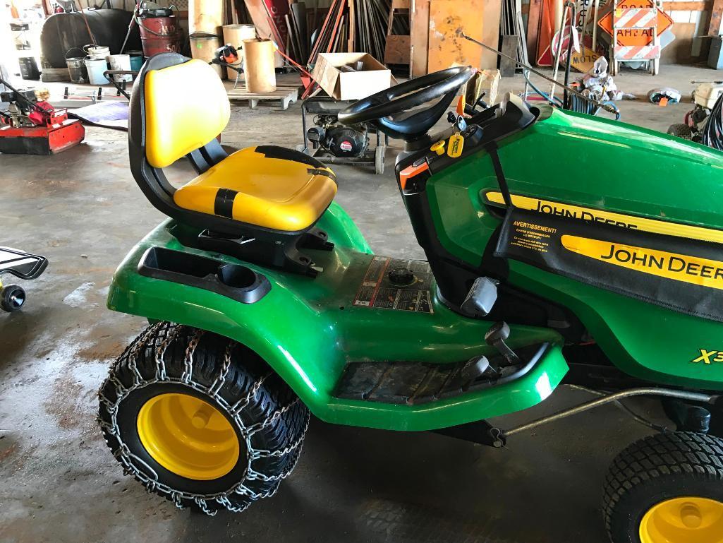 2016 John Deere X380 lawn tractor; 22 hp. gas engine; hydro; 44in front mount snow blower; 48in