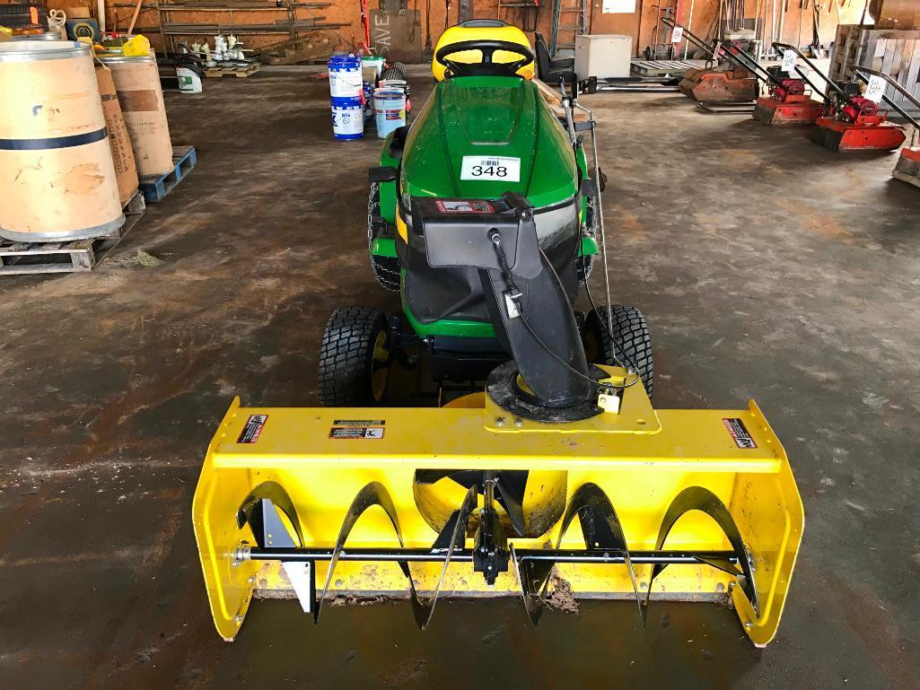 2016 John Deere X380 lawn tractor; 22 hp. gas engine; hydro; 44in front mount snow blower; 48in