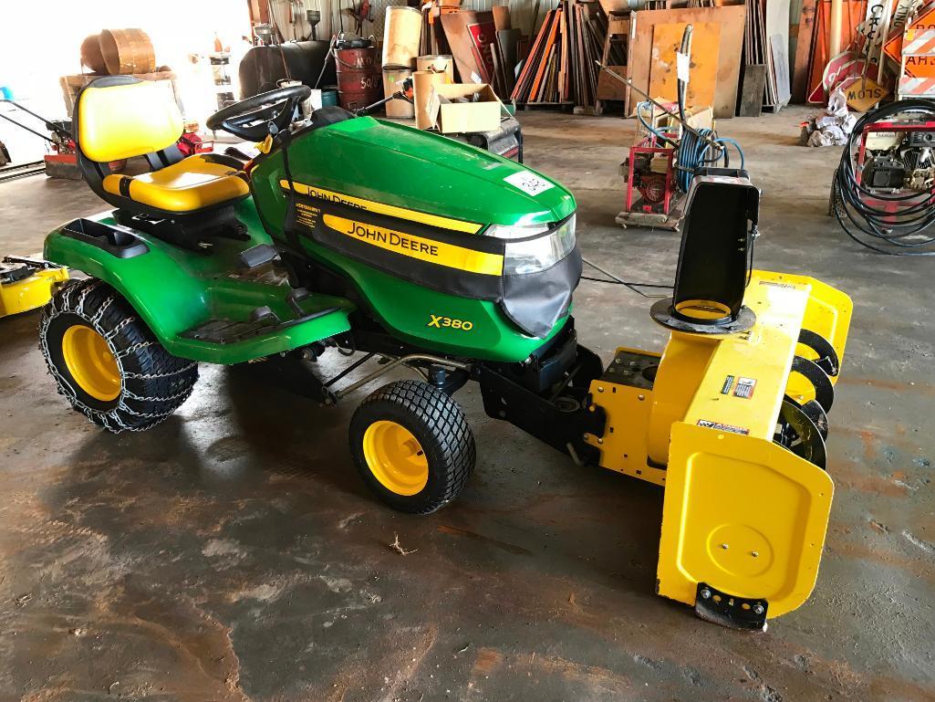 2016 John Deere X380 lawn tractor; 22 hp. gas engine; hydro; 44in front mount snow blower; 48in