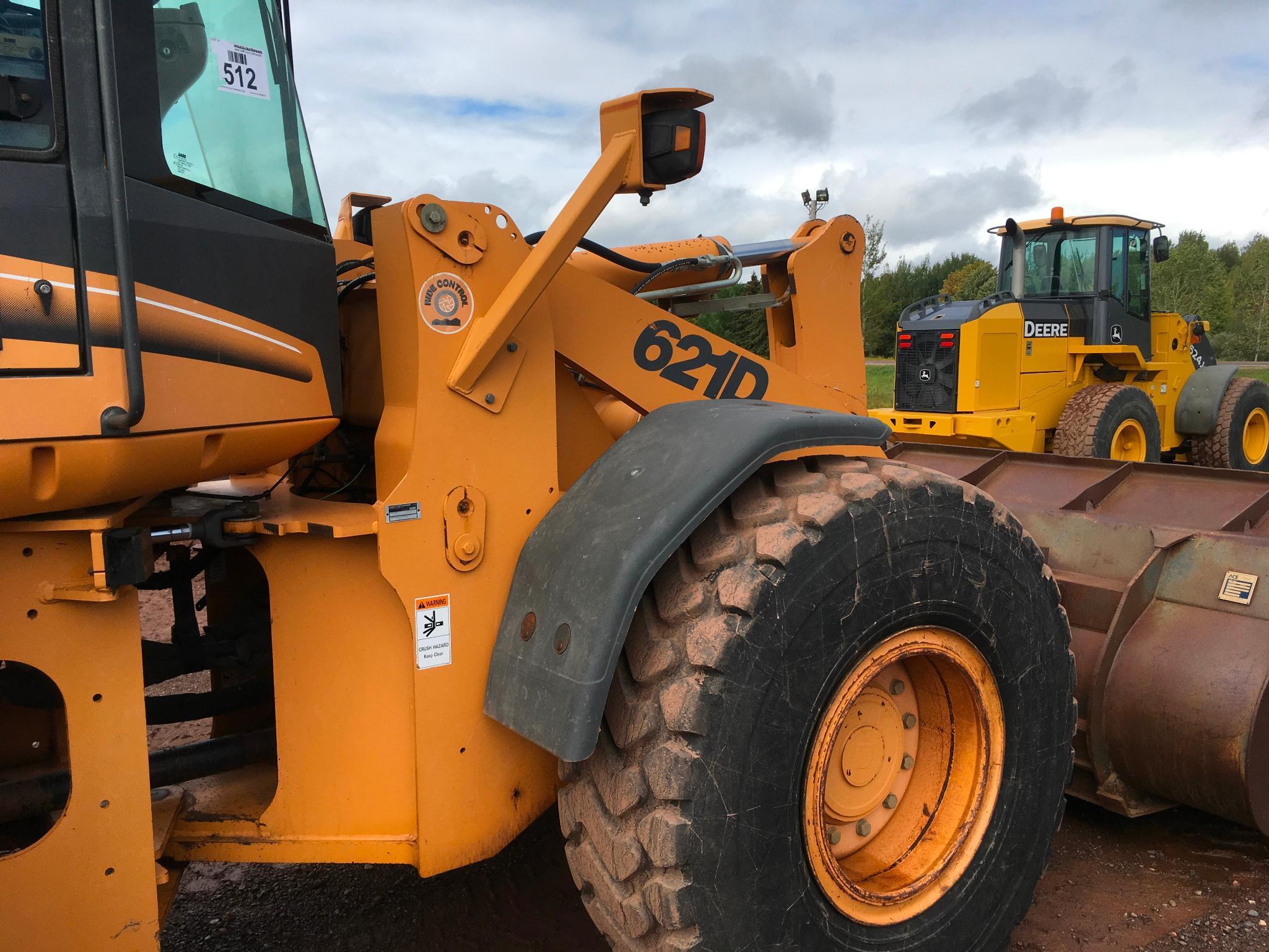 2004 Case 621D wheel loader; cab w/ AC; 20.5R25 tires; ACS quick coupler bucket; ride control; 7,957