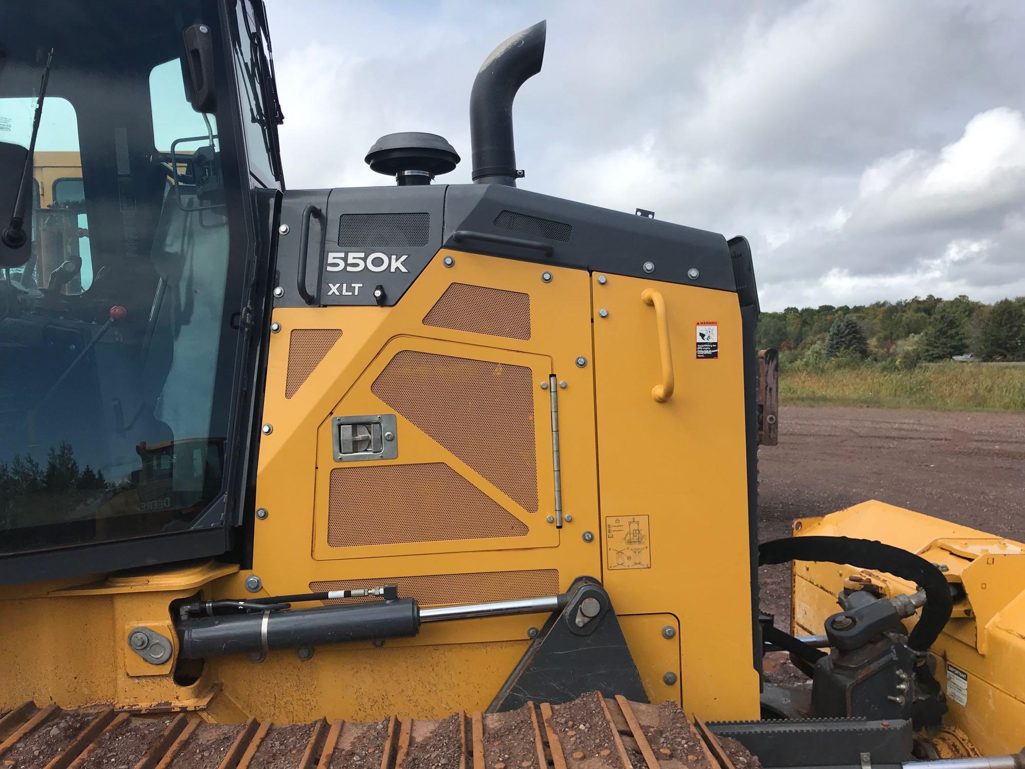 2016 John Deere 550K XLT crawler dozer; cab w/ AC; 6-way blade; hy stat trans; rear drawbar; 2,672