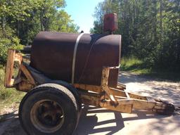 1,000-gallon fuel tank w/ pump on single axle trailer; duals; pintle hitch.