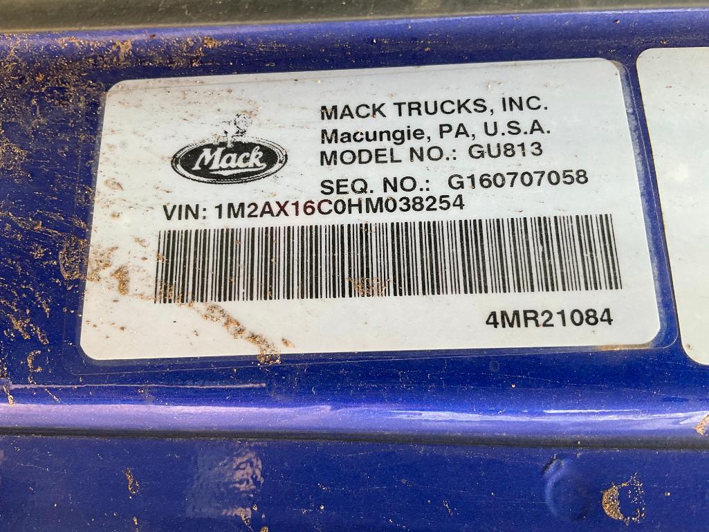 (TITLE) 2017 Mack GU 813 tandem axle log truck; Mack MP8 445 C 12.8 litre engine; Maxi Torque ES 10