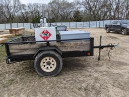 6' x 10' single axle trailer equipped with 100-gallon fuel tank w/ hand pump; tool box & ball hitch.