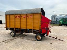 Knight 18-7 16' chopper box on Lindsay 4-wheel wagon, 3-beater, 540 PTO, LH unload, SN: NA.