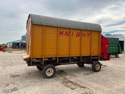 Knight 18-7 16' chopper box on Lindsay 4-wheel wagon, 3-beater, 540 PTO, LH unload, SN: NA.