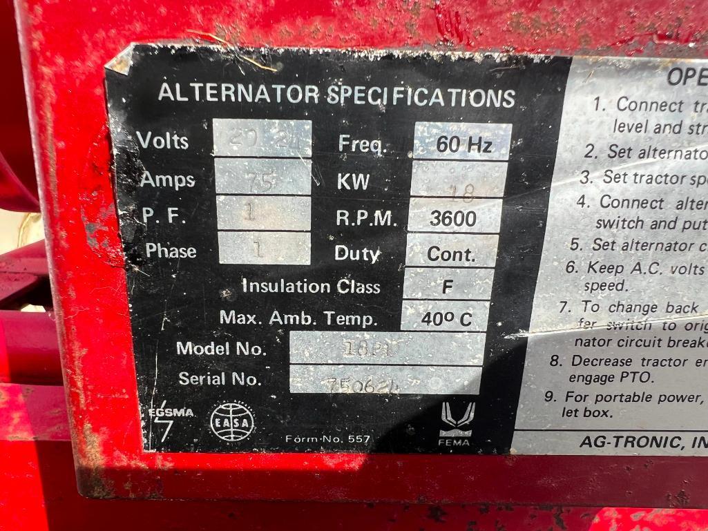 Ag Tronic 18P1 18 KW PTO generator, 540 PTO, single phase, on cart, SN: 75062.