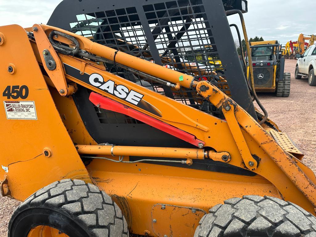 2007 Case 450 skid steer, OROPS, aux hyds, hyd quick coupler, 12x16.5 tires, hand controls, Ride