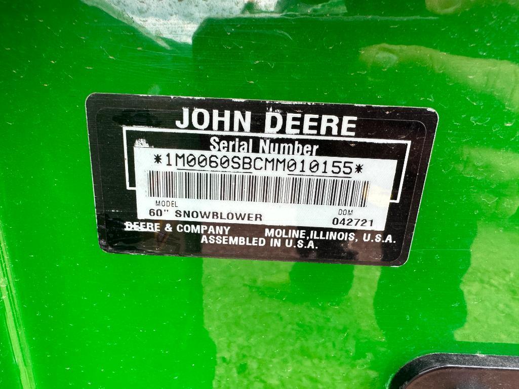 2021 John Deere Heavy Duty 60 60" front mount snowblower, PTO drive, hyd controlled spout, SN: