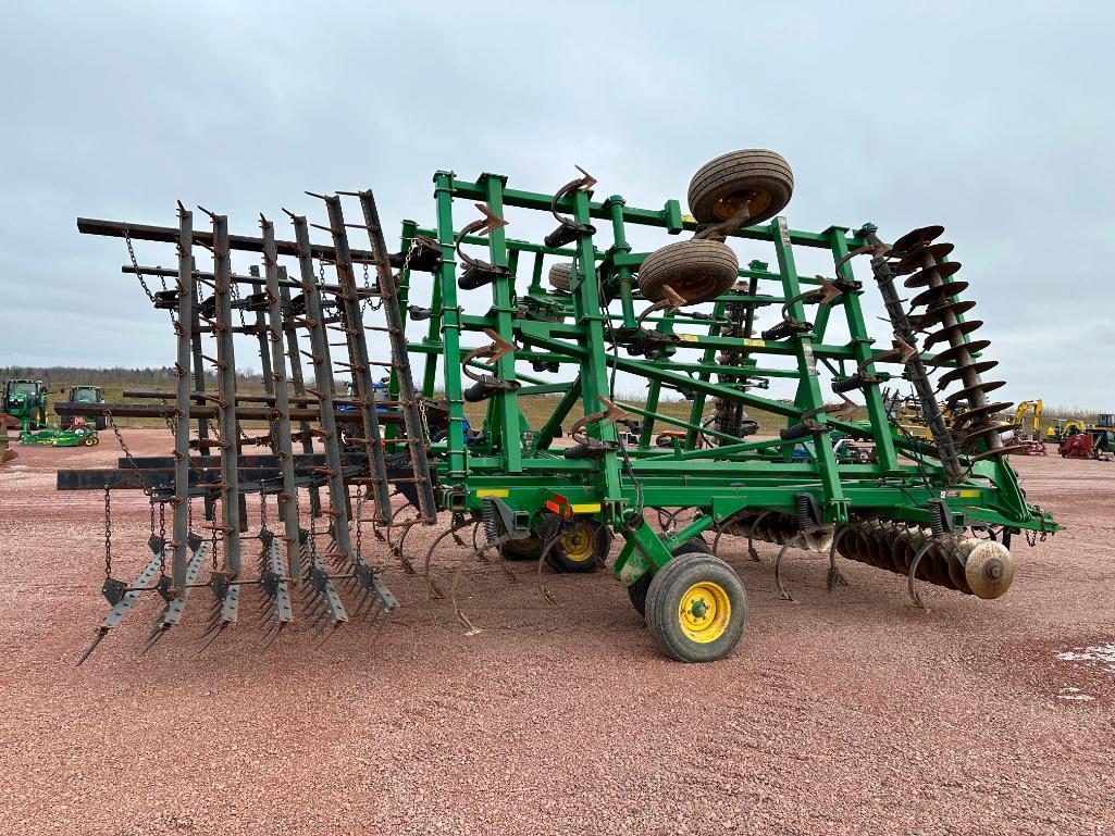 2008 John Deere 2310 27'9" soil finisher, tandem wheels, cushion disk gang, 6-bar spike harrow,