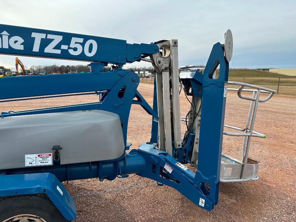 2009 Genie TZ-50 towable boom lift, electric powered, 50' lift, jib, outriggers, ball hitch,